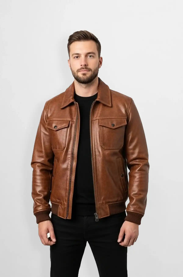 Men's Classic Brown Bomber Leather Jacket