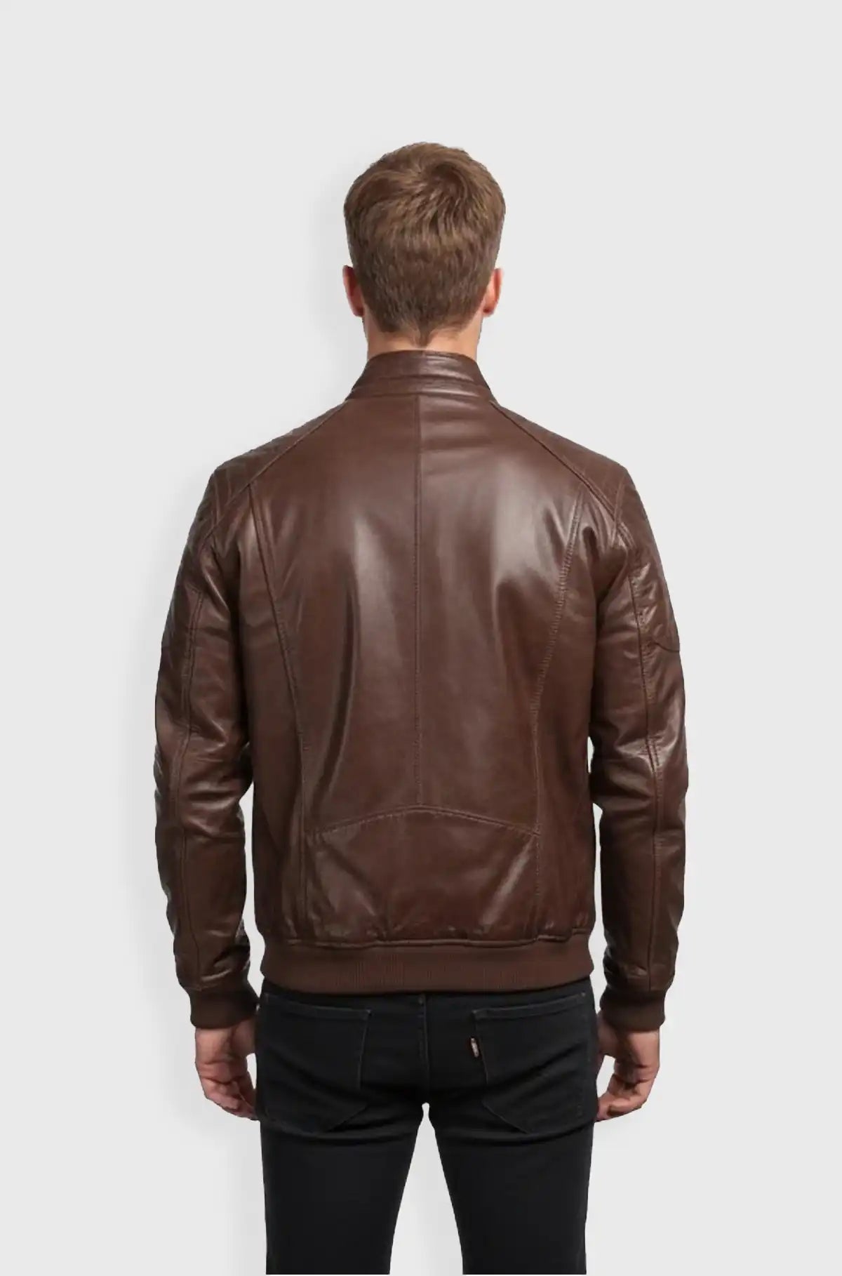 Mens Classic Brown Leather Bomber Jacket back view