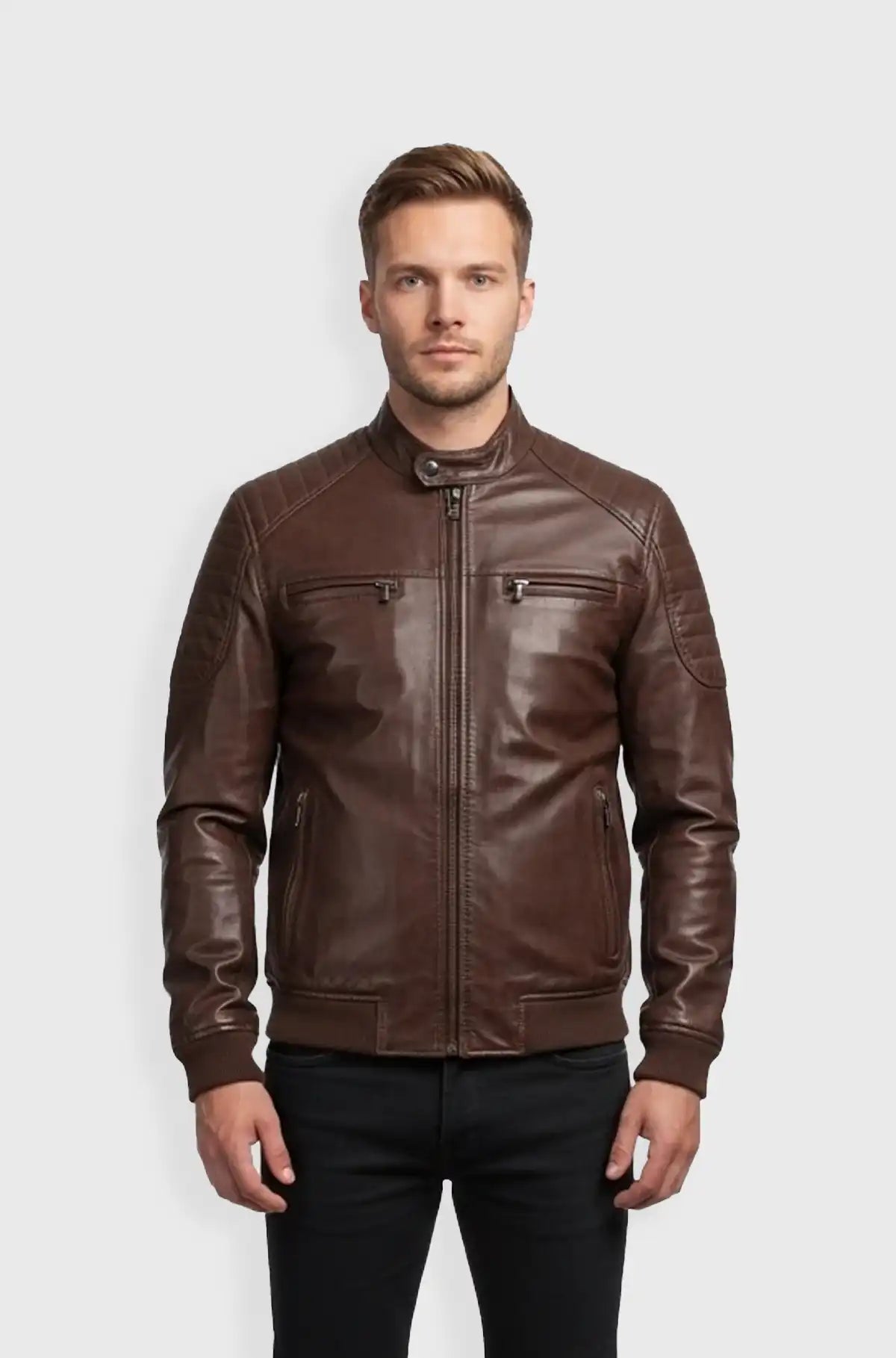 Mens Classic Brown Leather Bomber Jacket front view