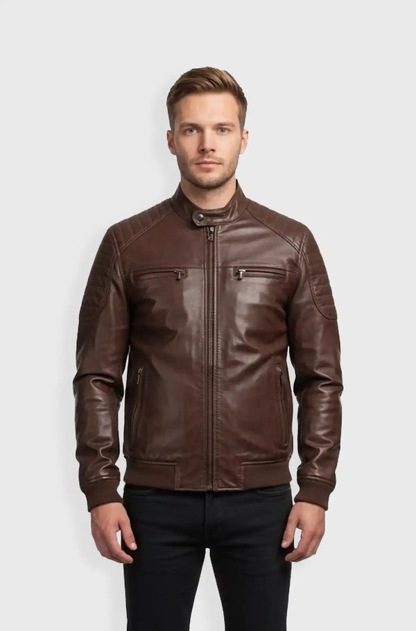 Mens Classic Brown Leather Bomber Jacket front view