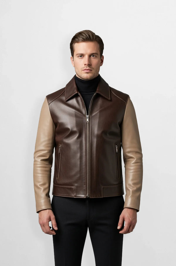 Men's Coffee Brown Leather Bomber Jacket Front view