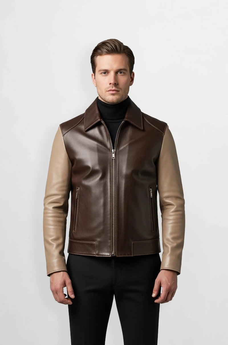 Men's Coffee Brown Leather Bomber Jacket Front view