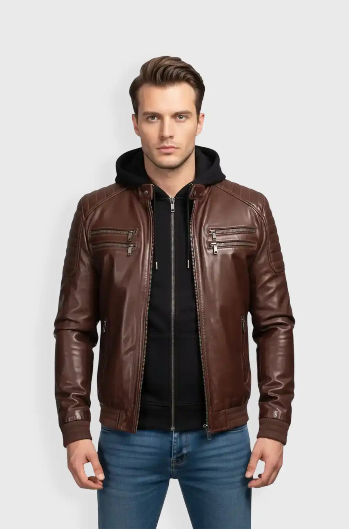 Men’s Dark Brown Bomber Leather Jacket Front view