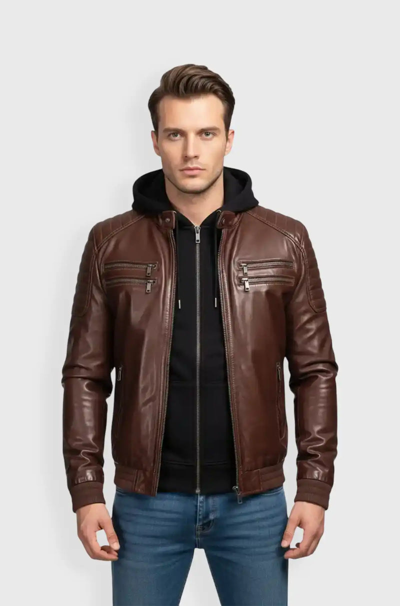 Men’s Dark Brown Bomber Leather Jacket Front view
