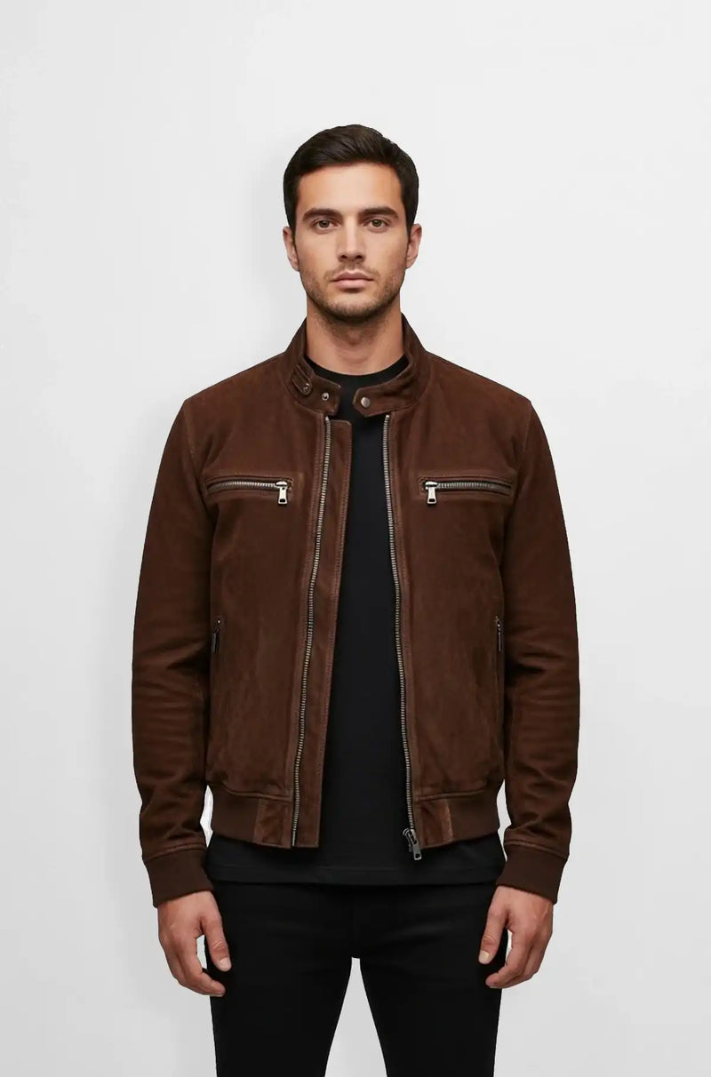 Men's Espresso Brown Suede Aviator Jacket Front view
