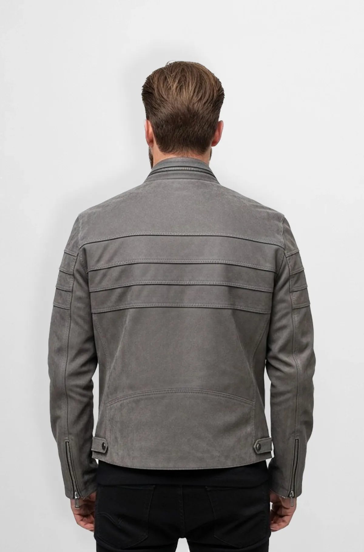 Men's Grey Suede Biker Jacket Back view