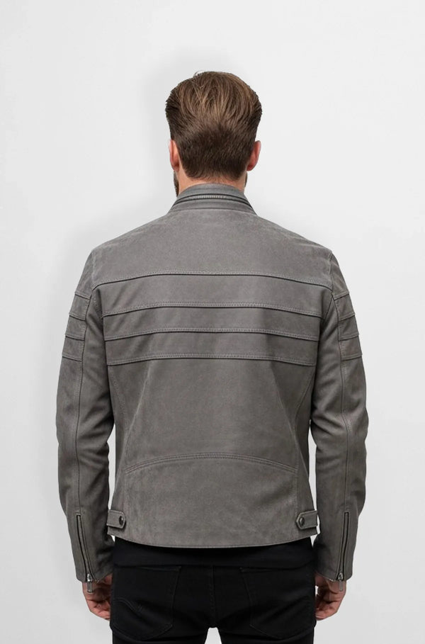 Men's Grey Suede Biker Jacket Back view