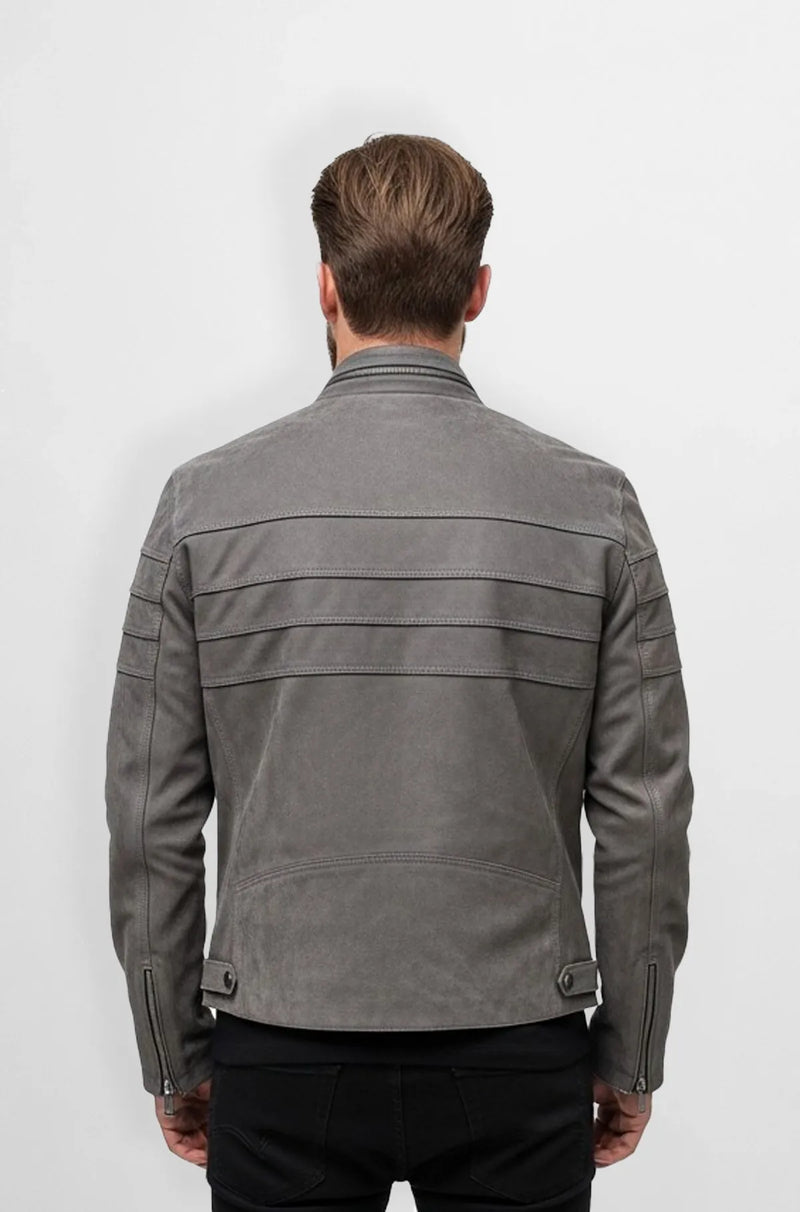 Men's Grey Suede Biker Jacket Back view