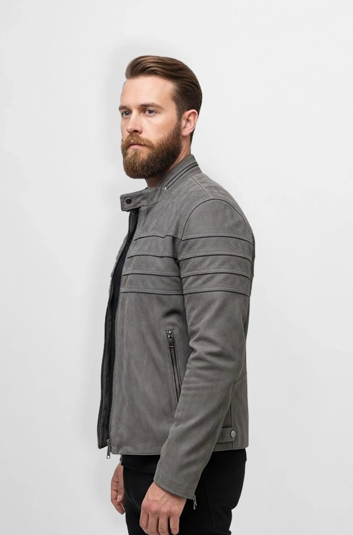 Men's Grey Suede Biker Jacket Side view