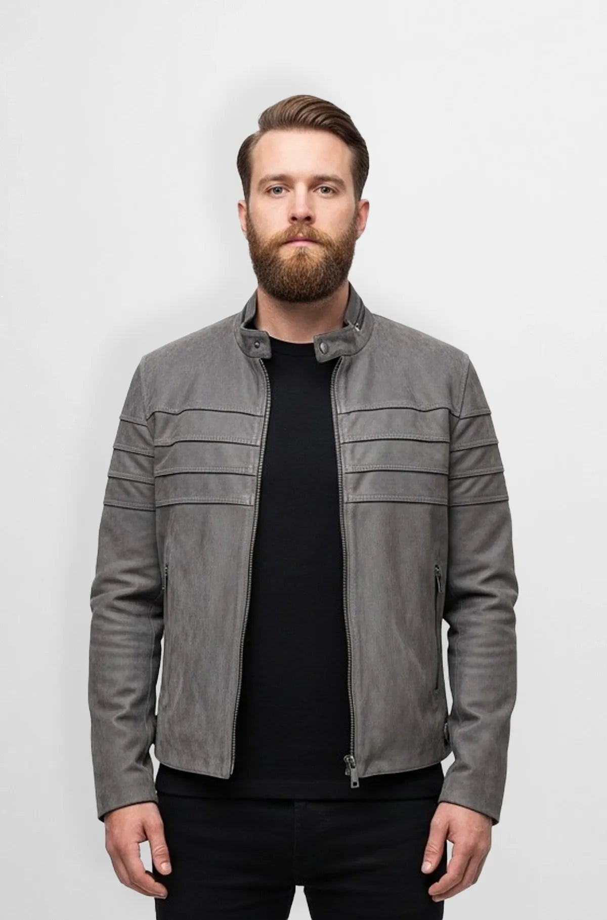 Men's Grey Suede Biker Jacket Front view