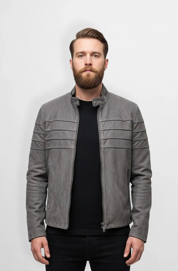 Men's Grey Suede Biker Jacket Front view