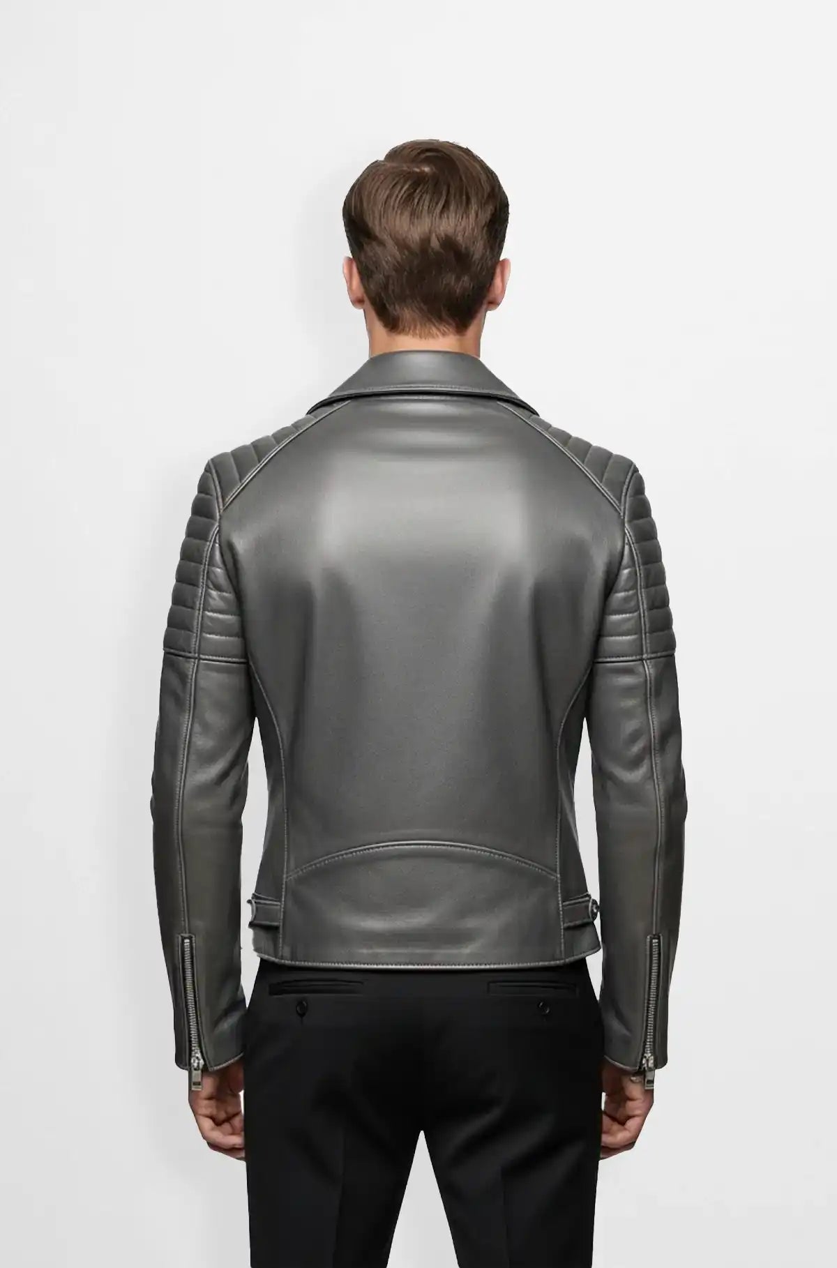 Men's Gunmetal Quilted Biker Jacket back view