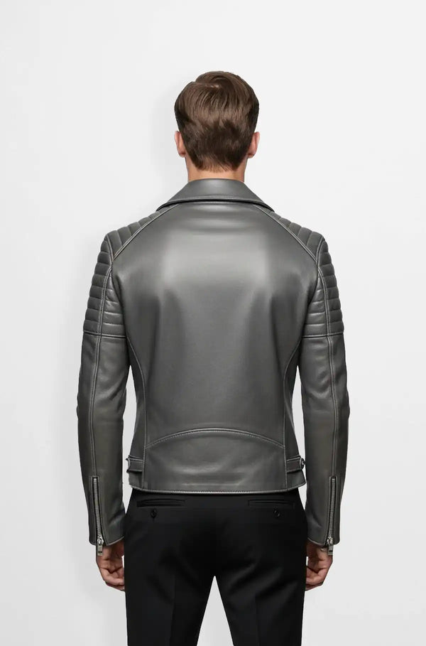 Men's Gunmetal Quilted Biker Jacket back view
