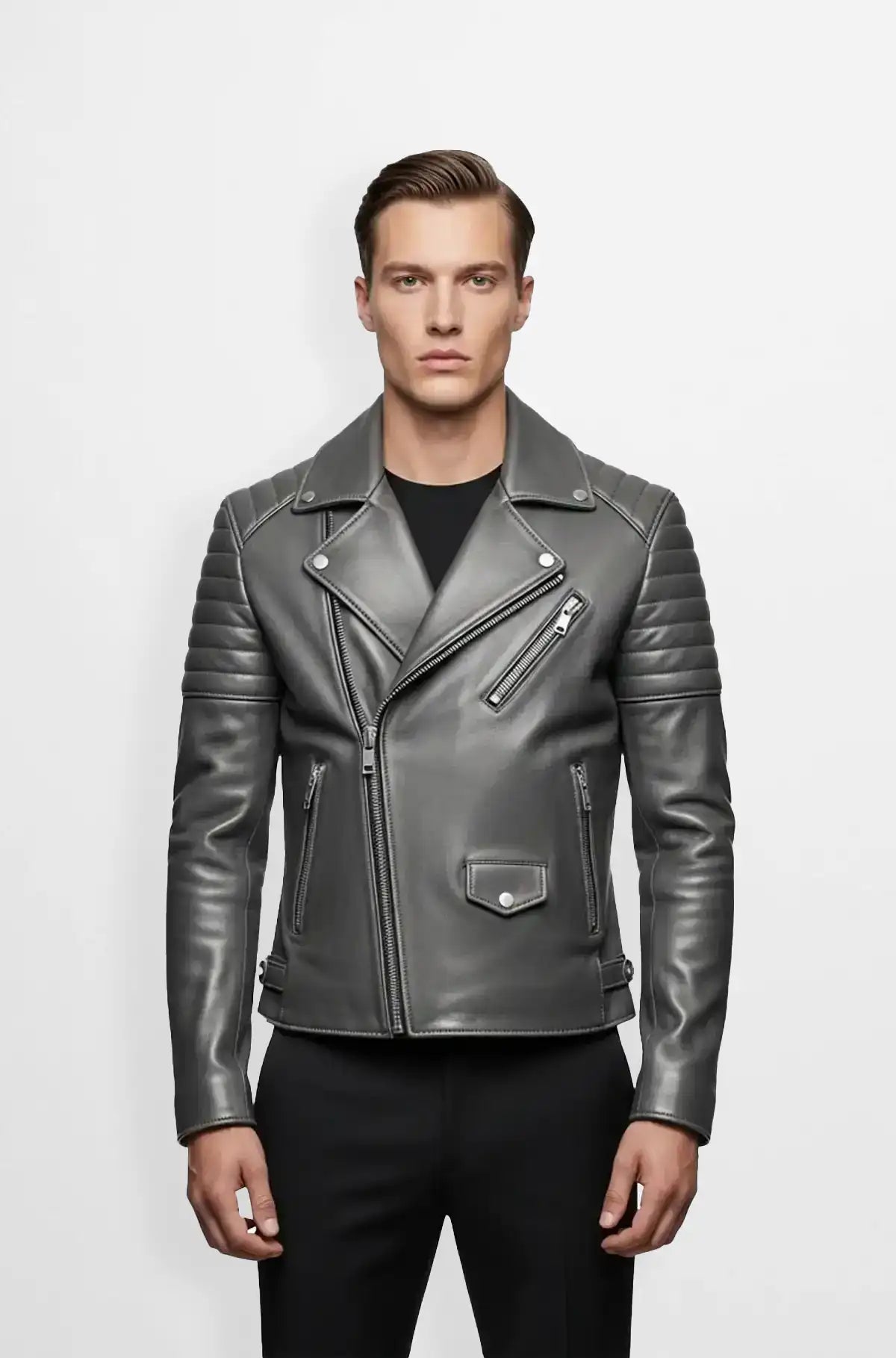 Men's Gunmetal Quilted Biker Jacket front view