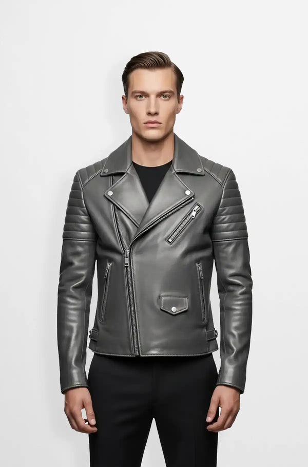 Men's Gunmetal Quilted Biker Jacket front view