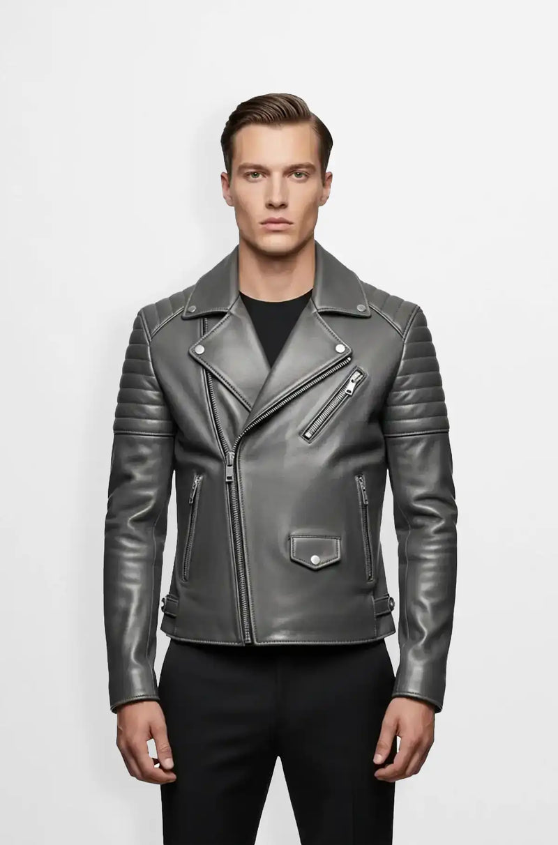 Men's Gunmetal Quilted Biker Jacket front view