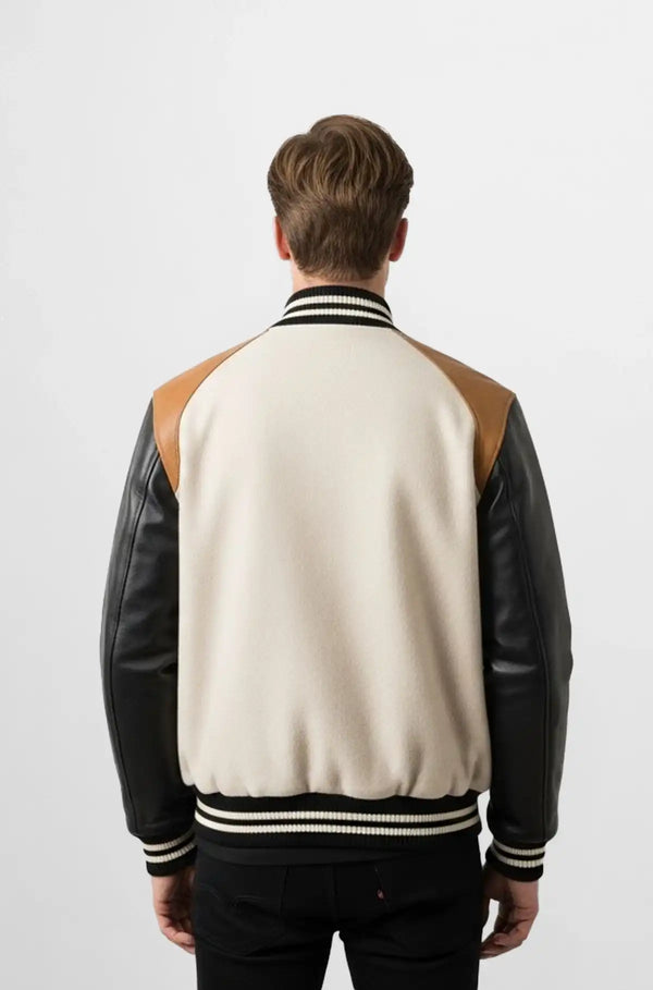 Men's Ivory Wool Leather Varsity Jacket Back view