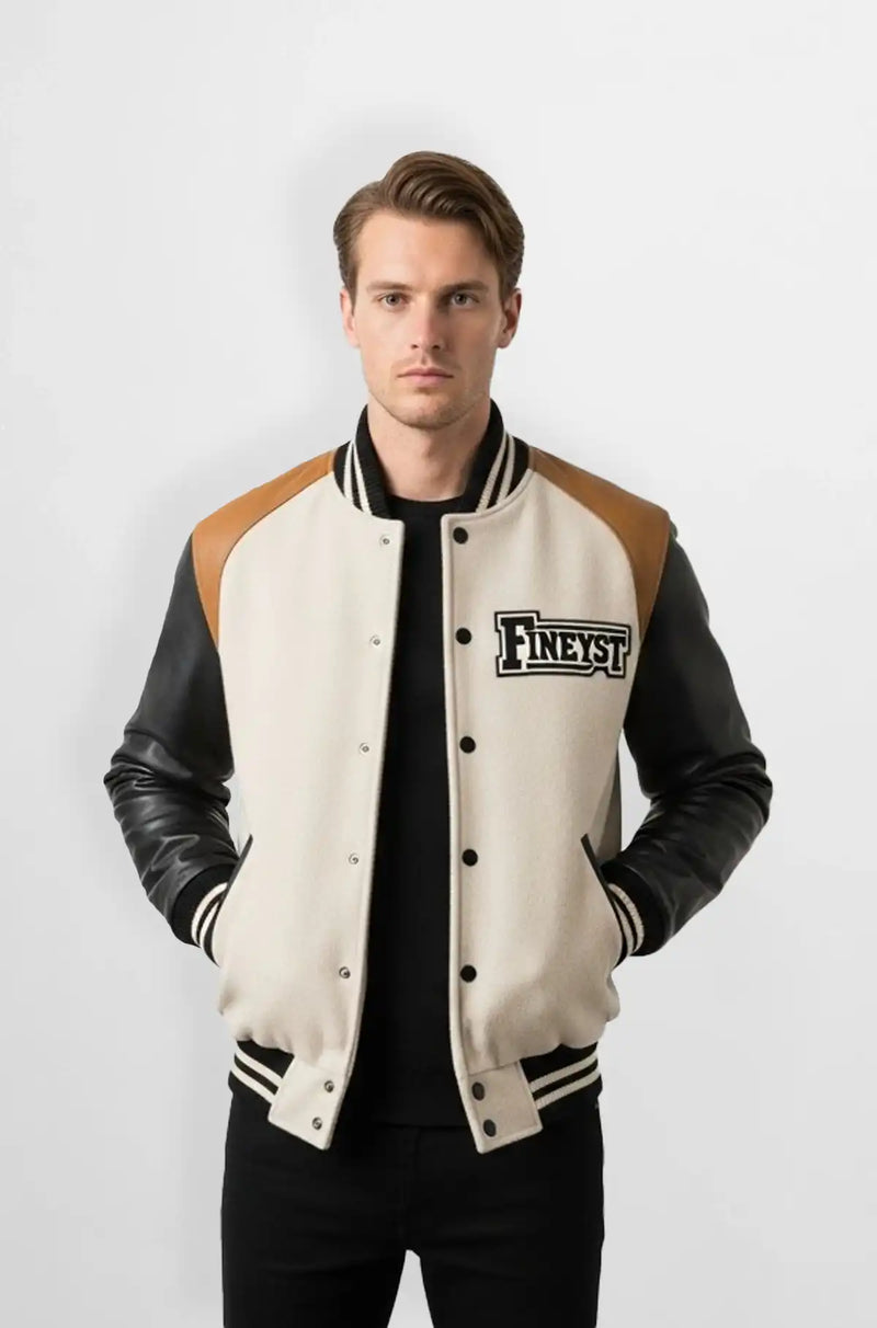 Men's Ivory Wool Leather Varsity Jacket Front view