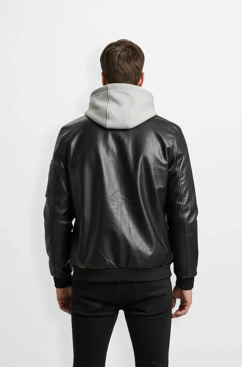 Men's Jet Black Leather Bomber Jacket Back view