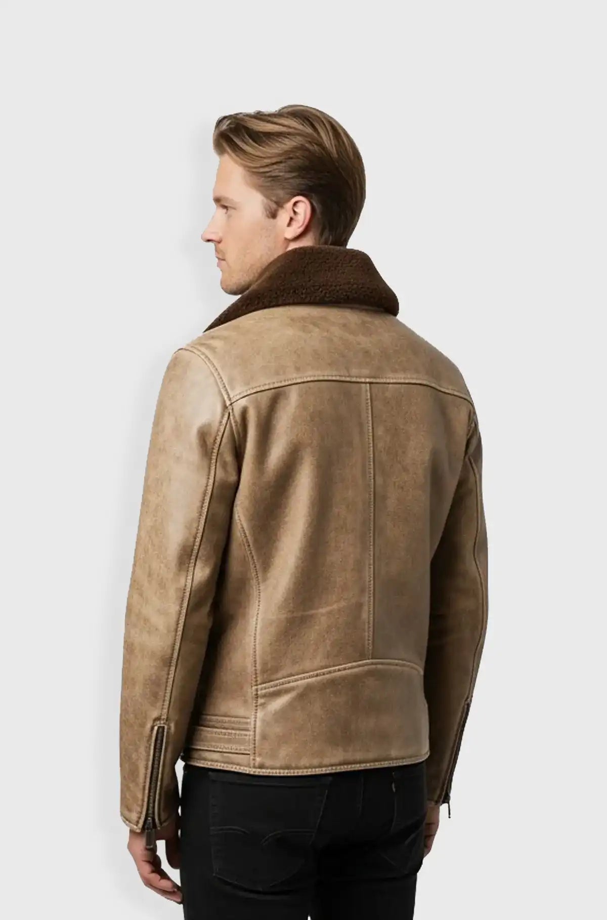 Mens Light Brown Shearling Collar Leather Jacket back view