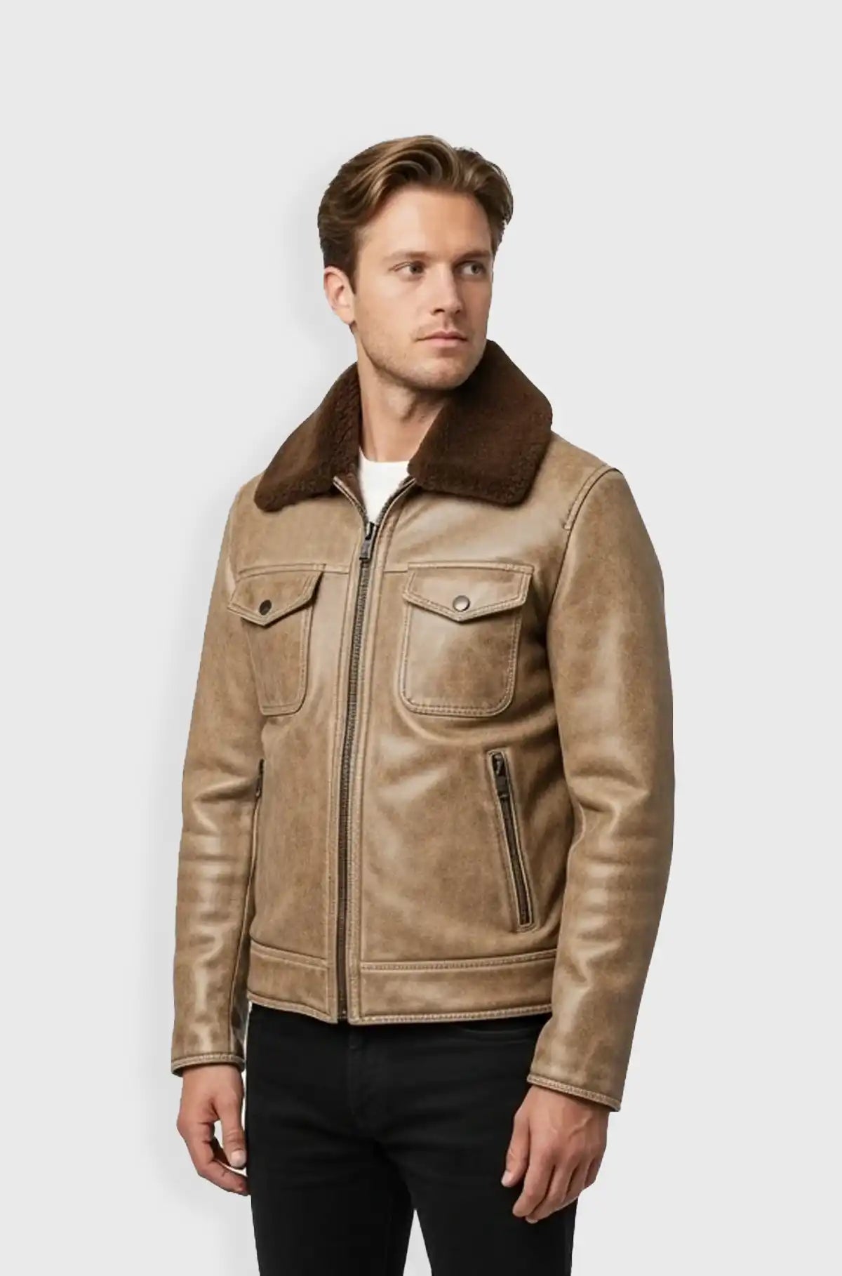 Men's Light Brown Shearling Collar Leather Jacket