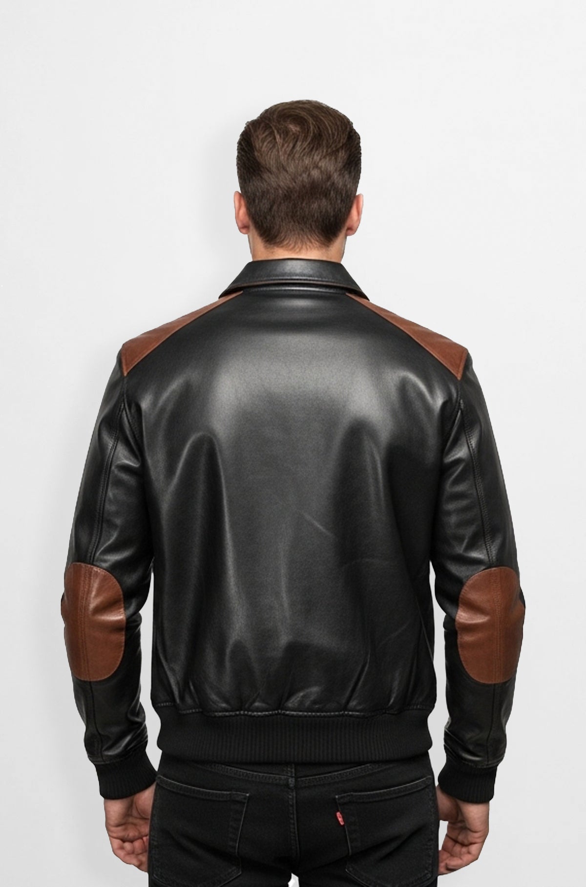 Mens Premium Black and Brown Leather Bomber Jacket