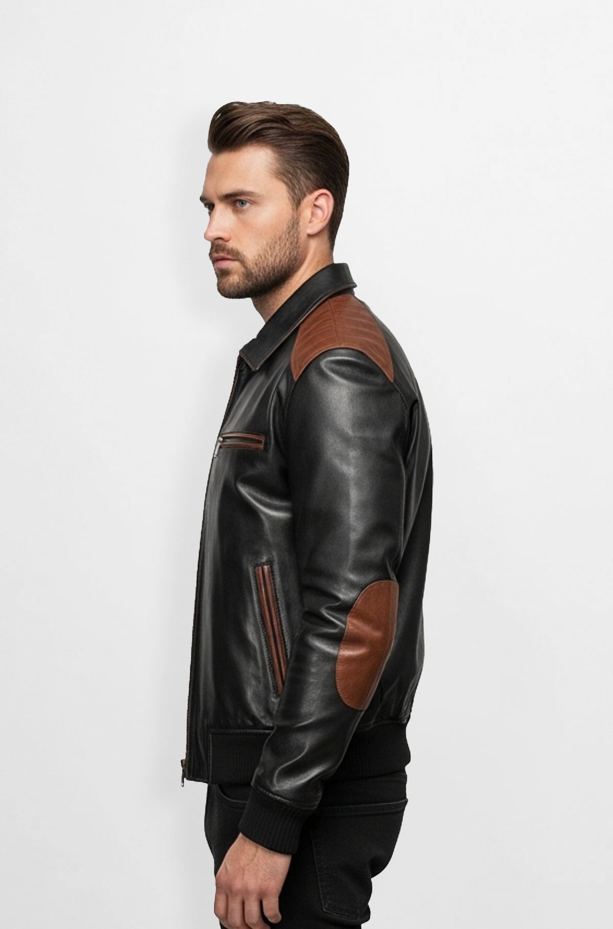 Mens Premium Black and Brown Leather Bomber Jacket