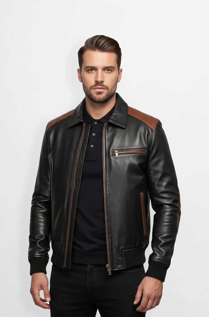 Mens Premium Black and Brown Leather Bomber Jacket