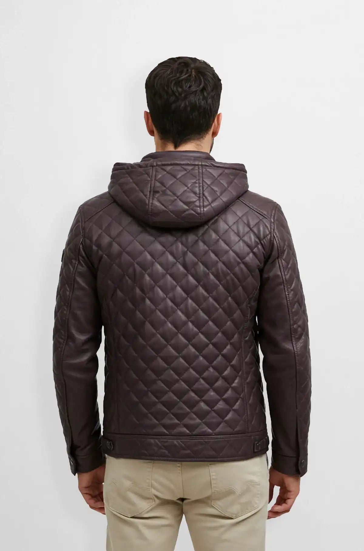 Men’s Quilted Hooded Leather Jacket Back view