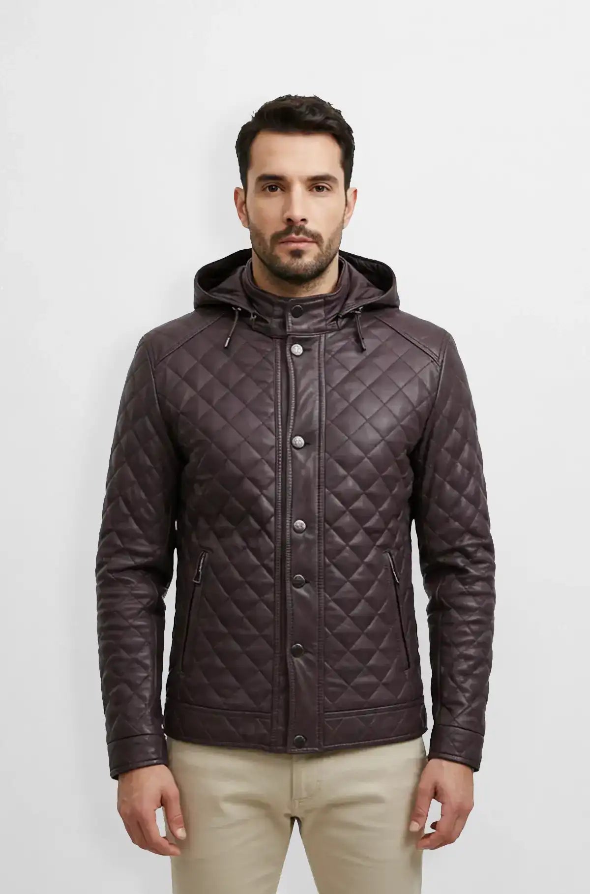 Men’s Quilted Hooded Leather Jacket Front view