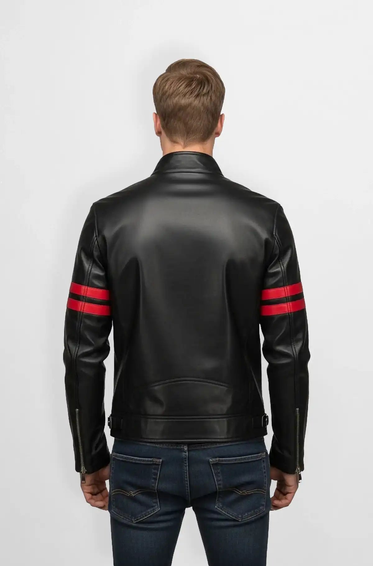 Men's Red stripe Black Leather Racer Jacket Back view