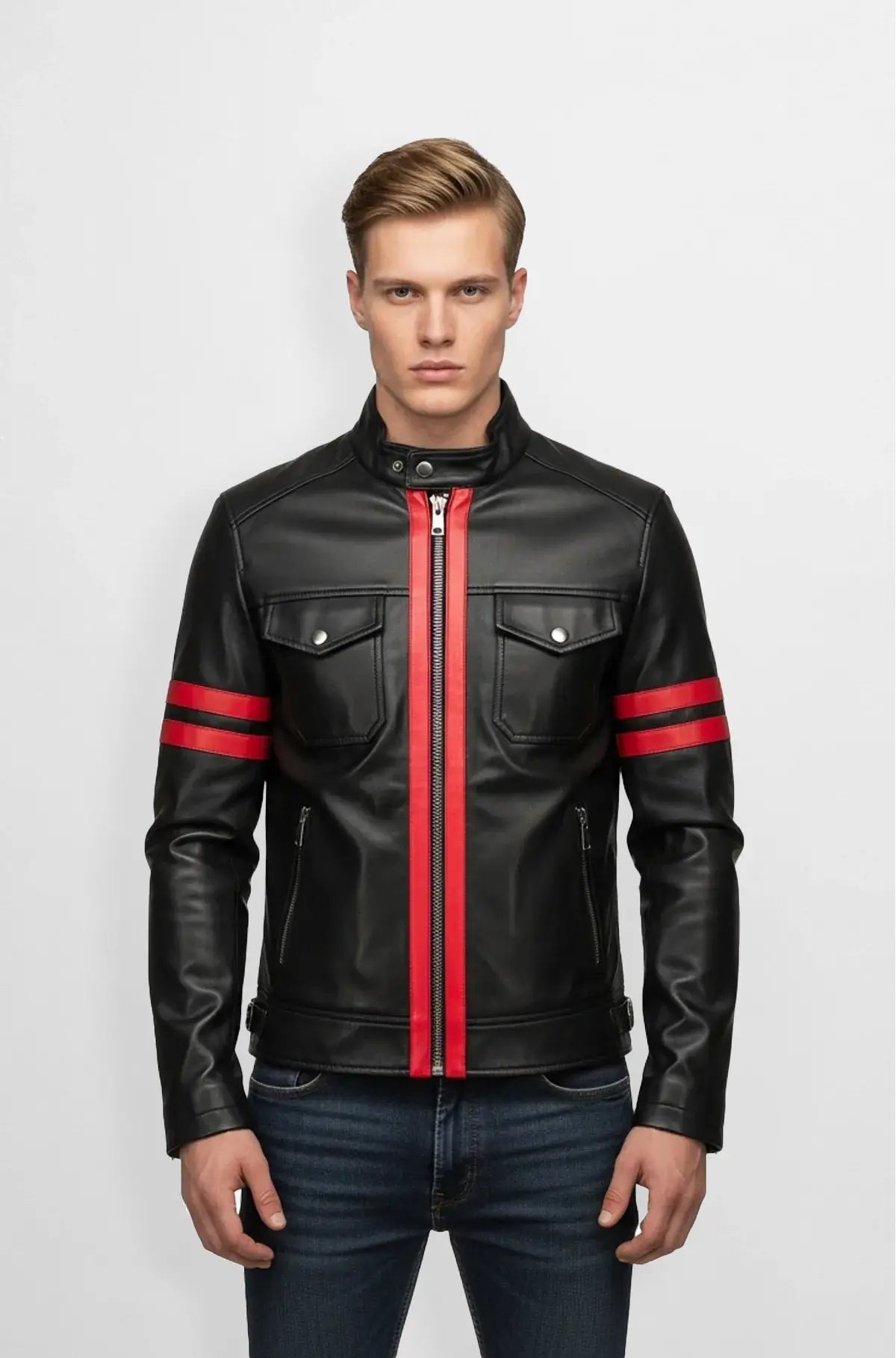Men's Red stripe Black Leather Racer Jacket Front view