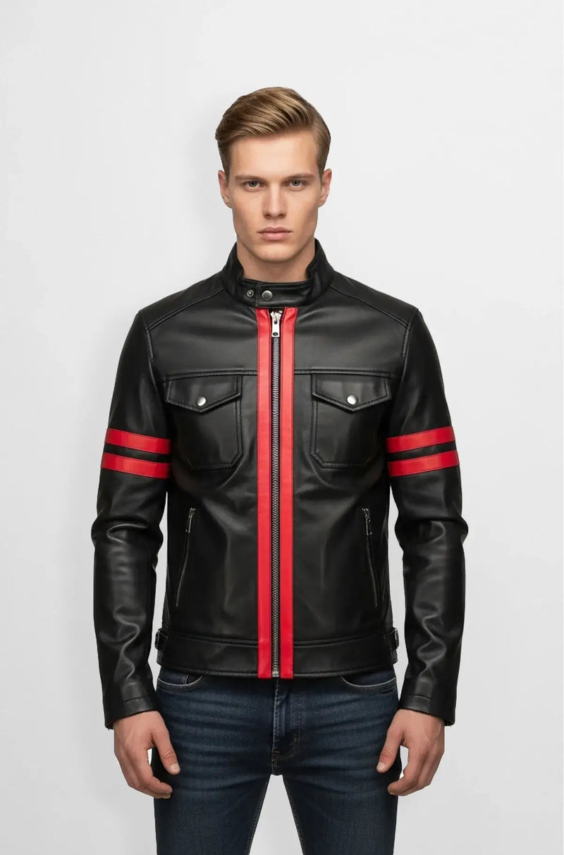 Men's Red stripe Black Leather Racer Jacket Front view