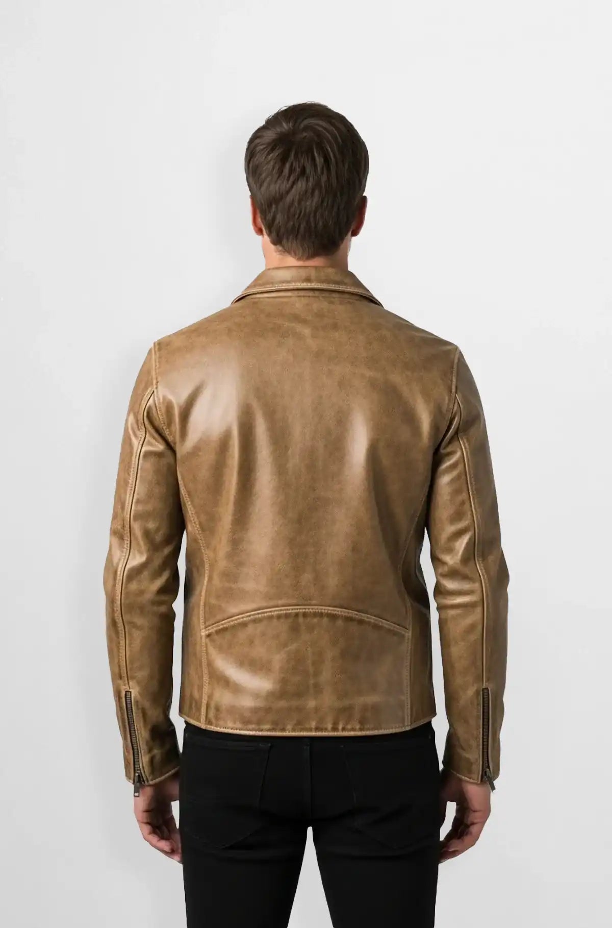 Men’s Saddle Brown Leather Biker Jacket Back view