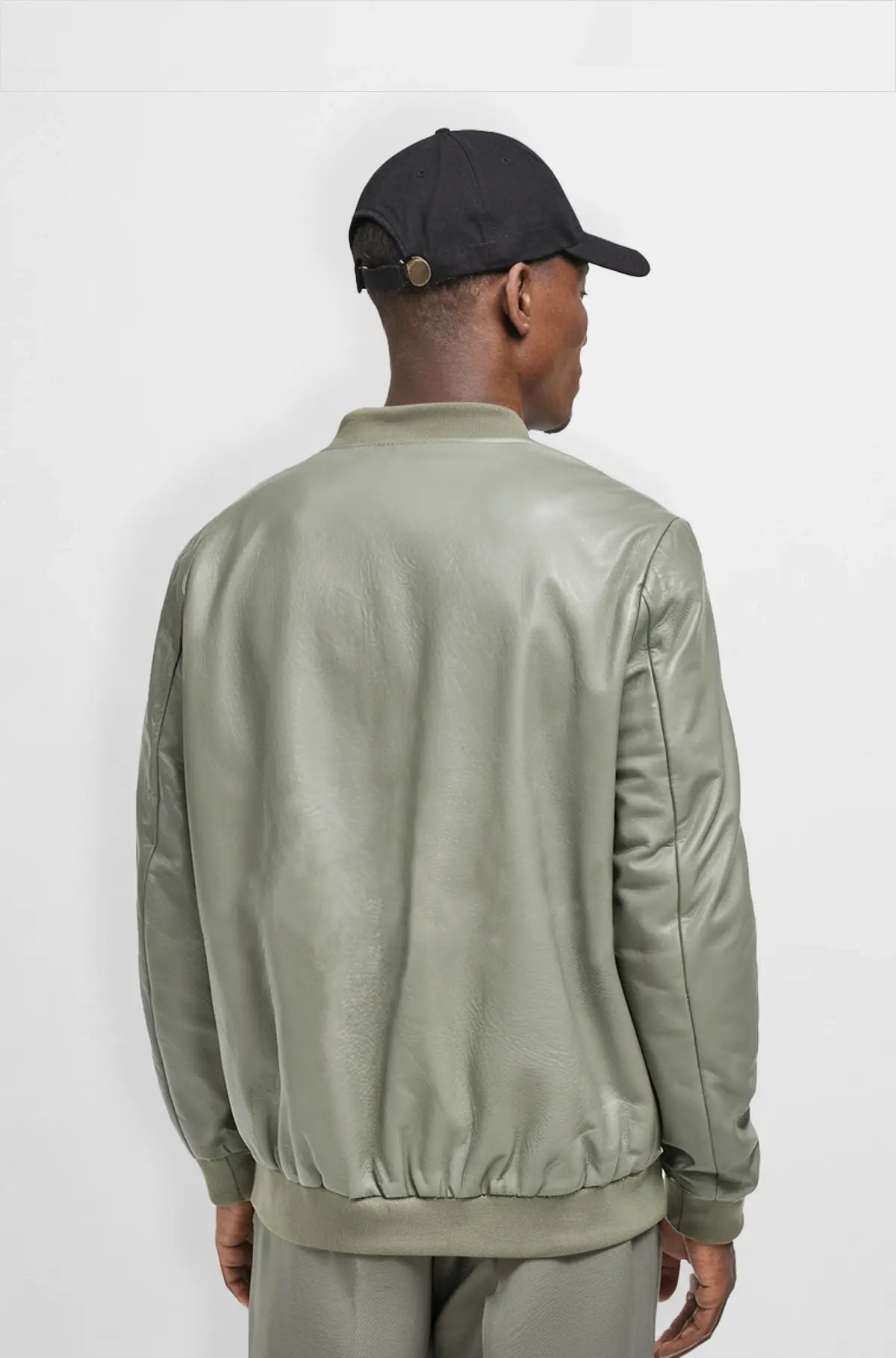 Men's Sage Green Leather Bomber Jacket back view