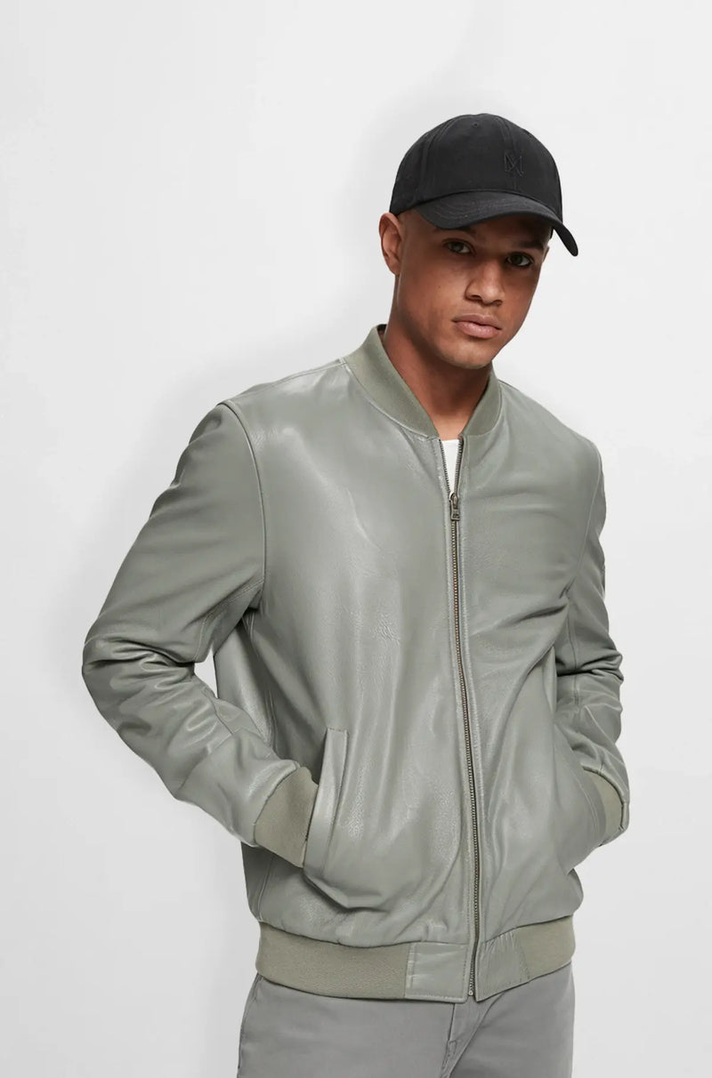 Men's Sage Green Leather Bomber Jacket front view