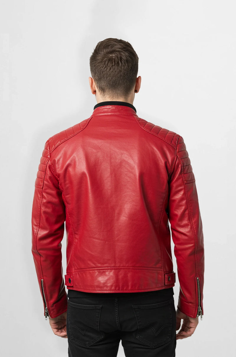 Men's Scarlet Red Leather Biker Jacket Slim Fit Back view