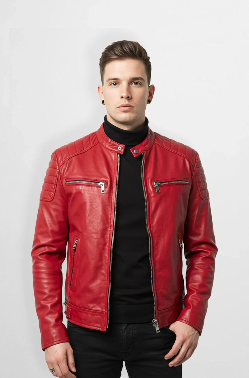 Men's Scarlet Red Leather Biker Jacket Slim Fit Front view