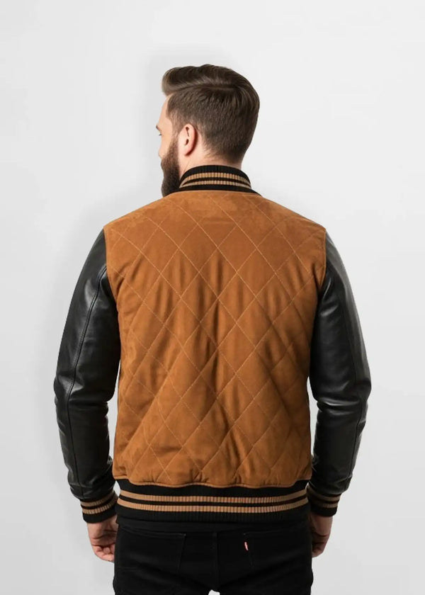 Men's Tan Suede Leather Varsity Jacket Back view