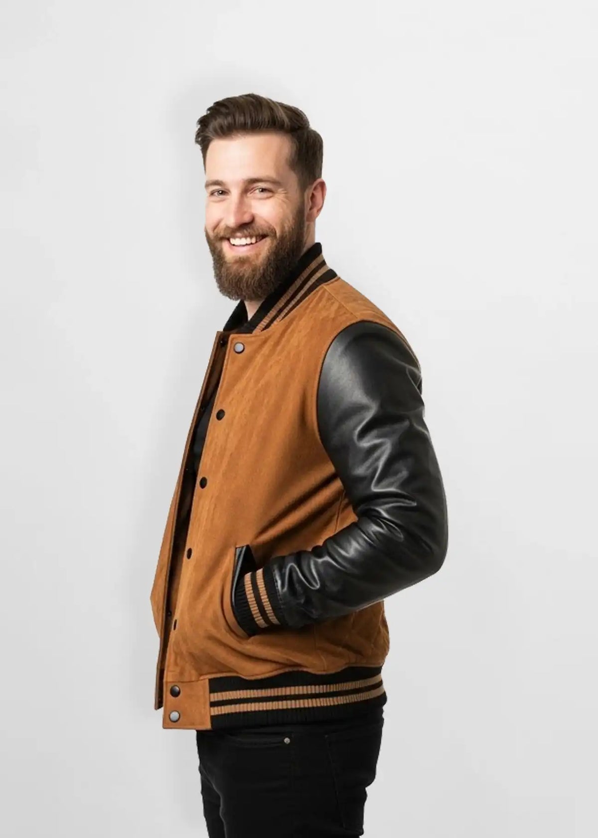 Men's Tan Suede Leather Varsity Jacket Side view