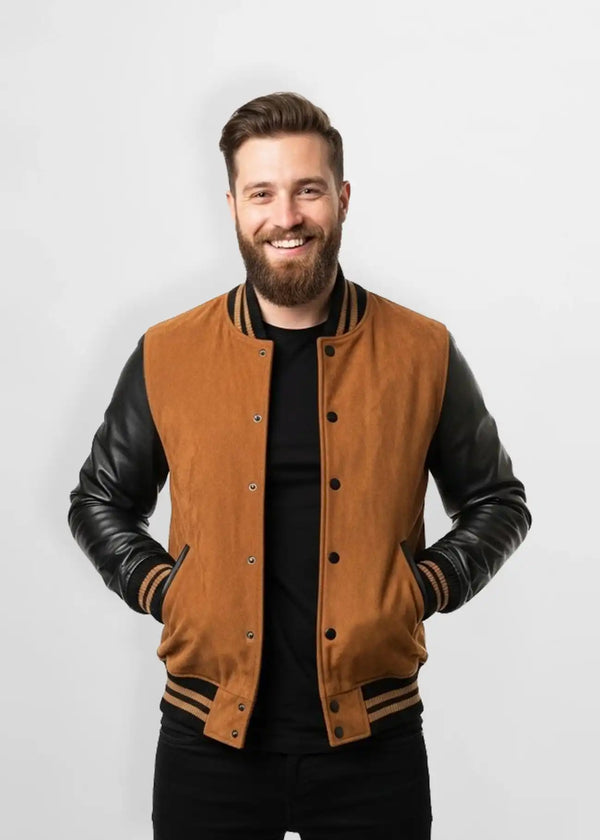 Men's Tan Suede Leather Varsity Jacket Front view