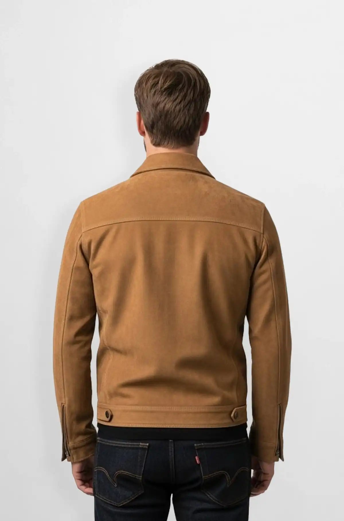 Men's Tan Suede Trucker Jacket Back view