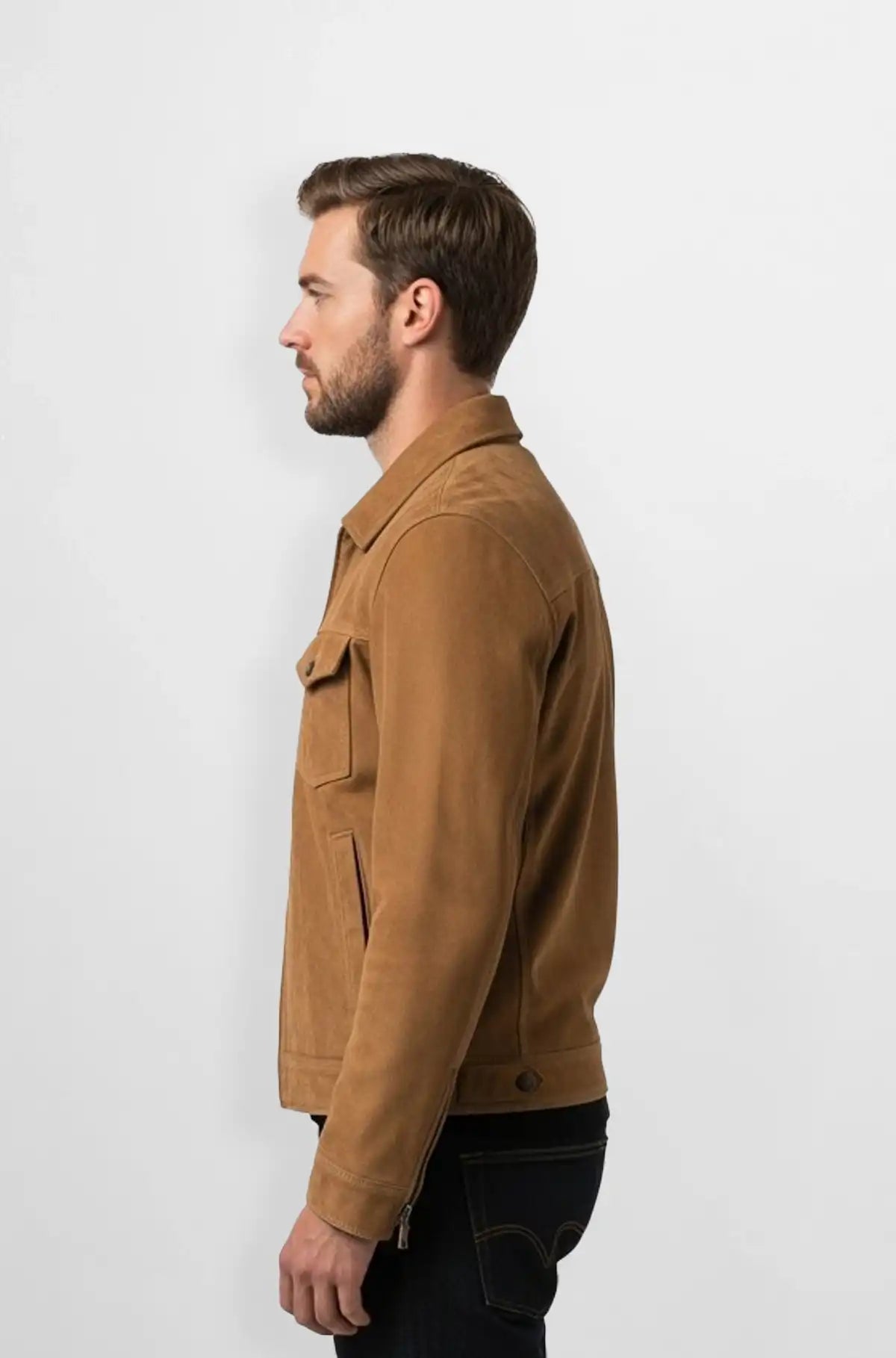 Men's Tan Suede Trucker Jacket Side view