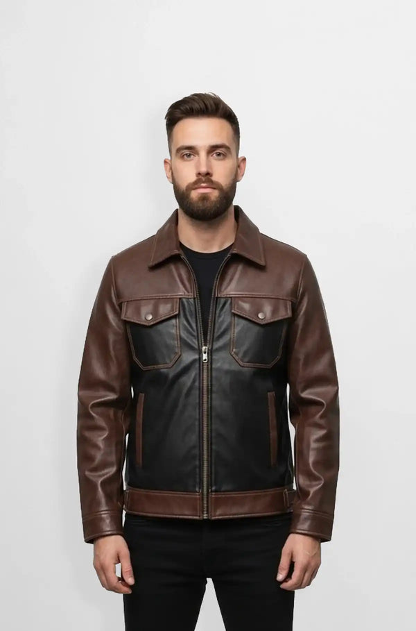 Mens Two Tone Brown and Black Leather Trucker Jacket