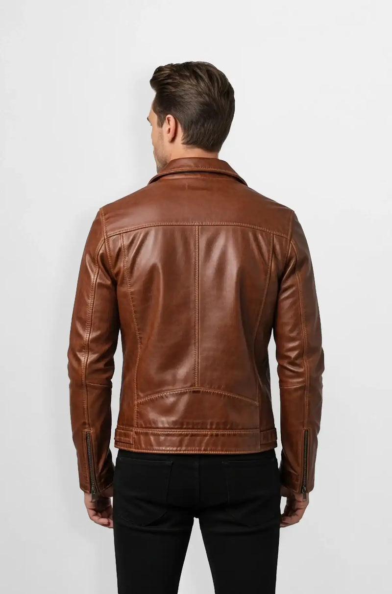 Men's Whiskey Brown Leather Biker Jacket Back view