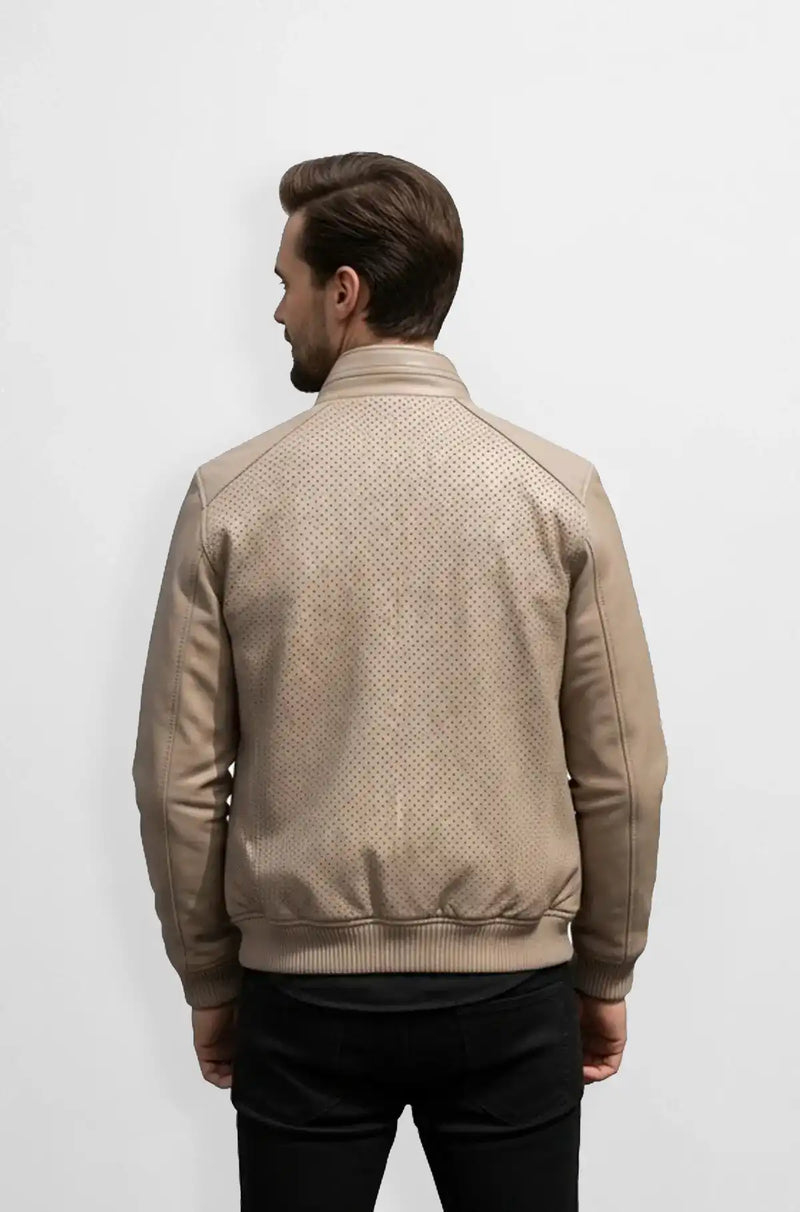 Mens Beige Perforated Bomber Leather Jacket back view