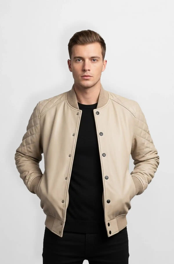 Mens Beige Quilted Leather Bomber Jacket