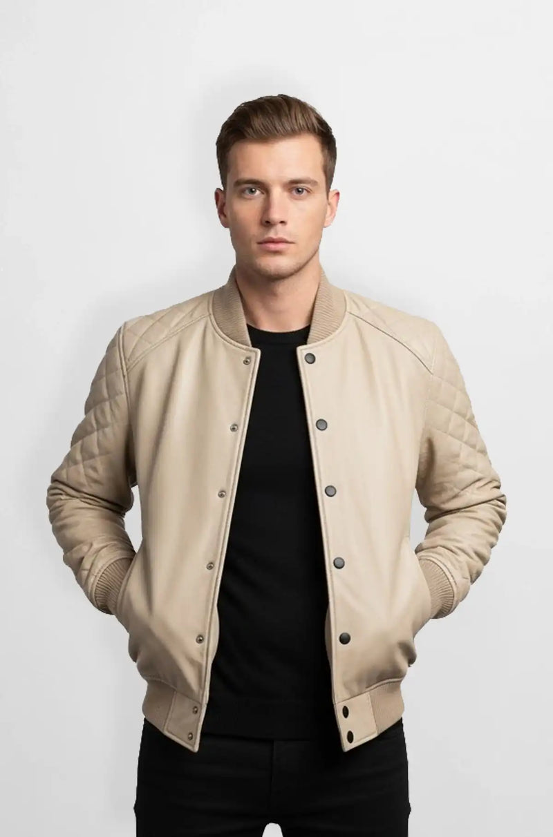 Mens Beige Quilted Leather Bomber Jacket