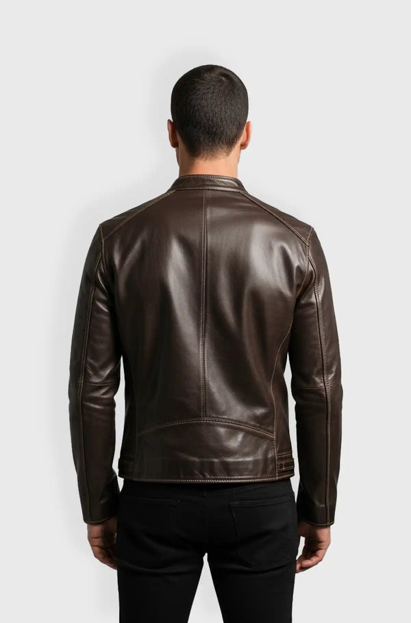 Mens Brown Cafe Racer Leather Jacket