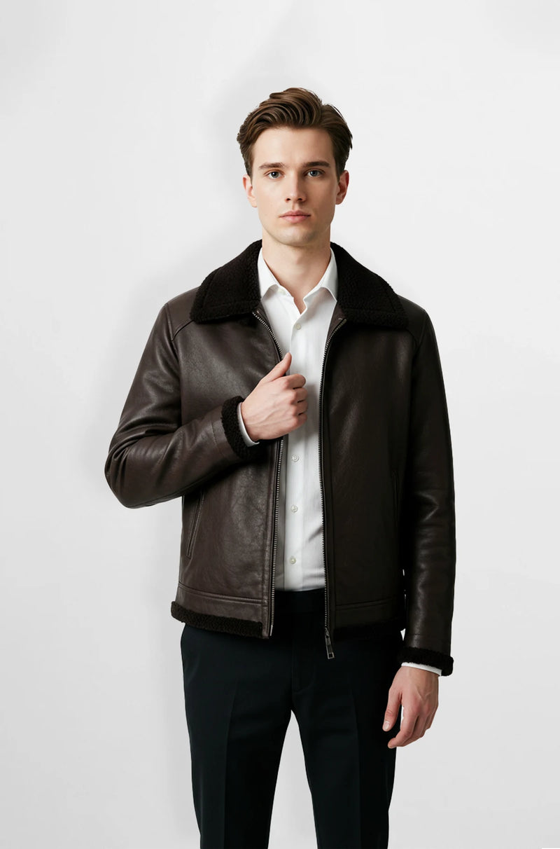 Mens Dark Brown Aviator Jacket with Black Shearling front view